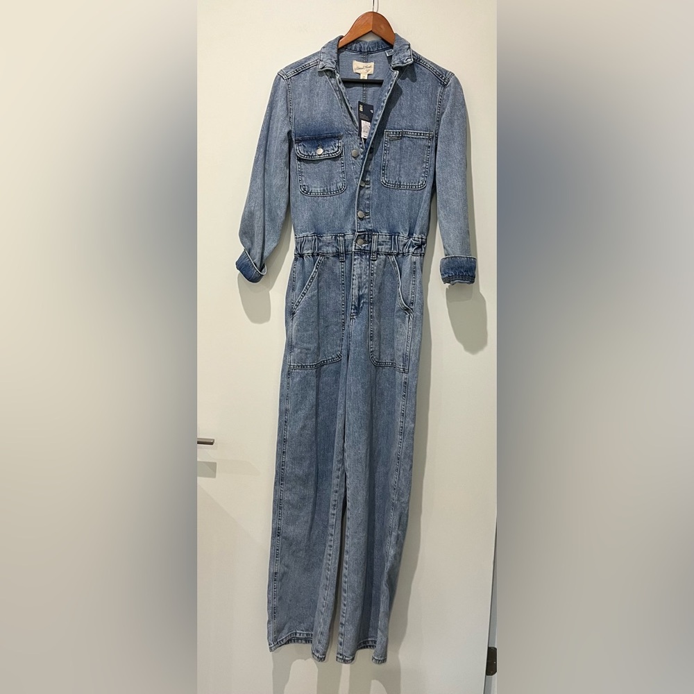 Soft Denim Jumpsuit Metal Buttons Zip Fly Elastic Waist Wide Legs Trendy Utility - Picture 3 of 10